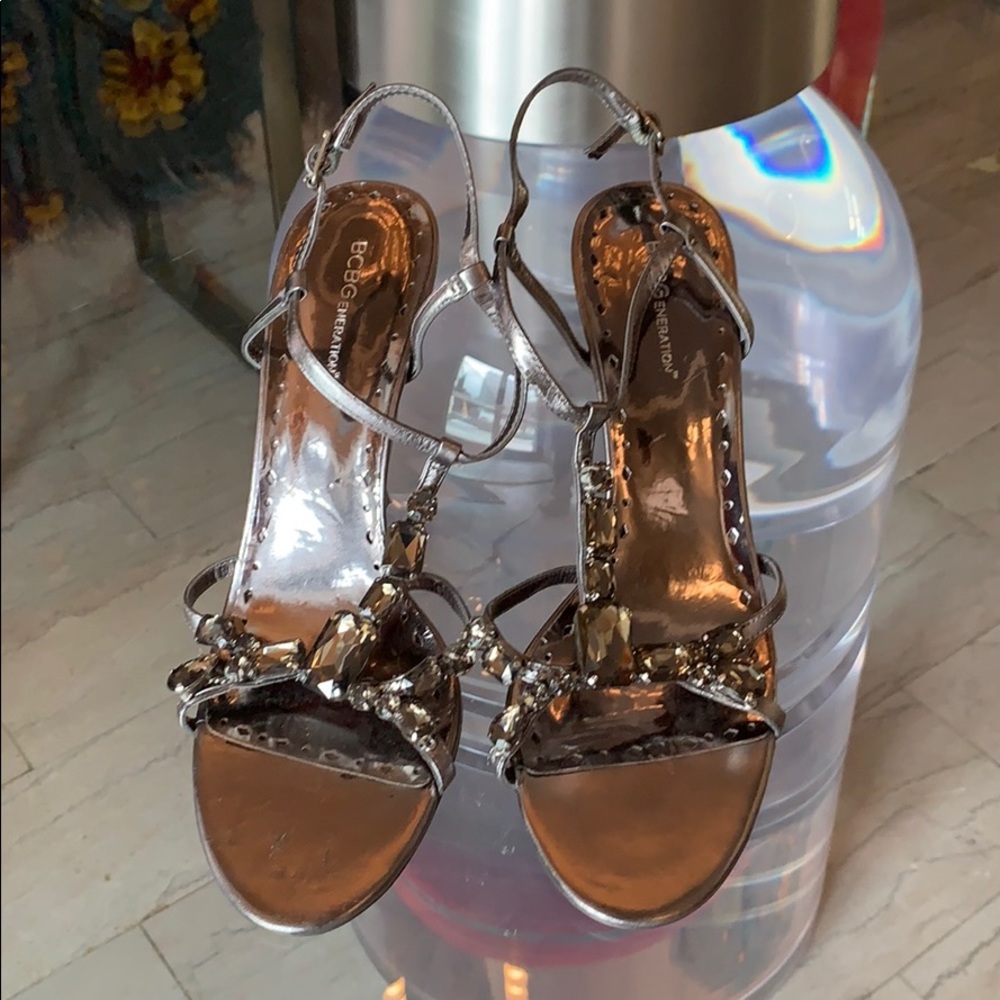 BCBG silvered sandal heels with Bejeweled straps